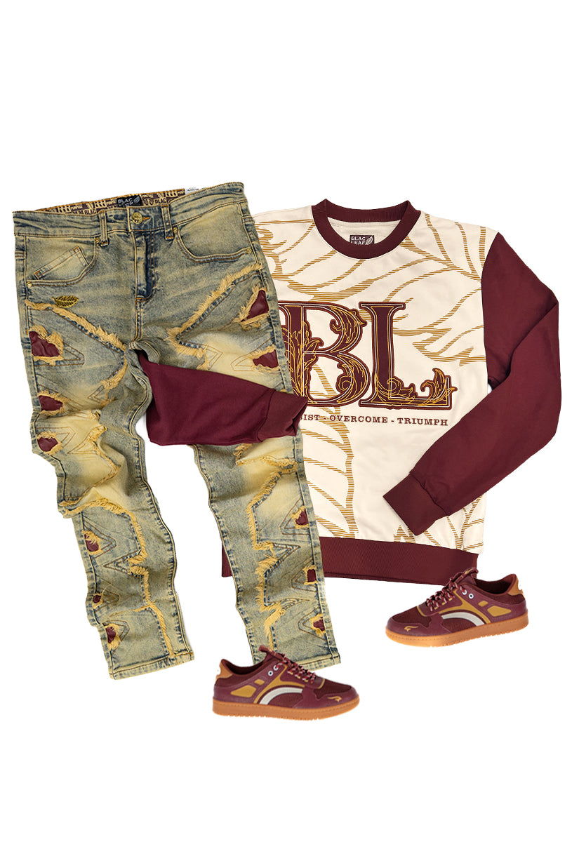 P.O.T. Crewneck Sweater, Denim Jeans, Sneaker and Dad Hat Bundle