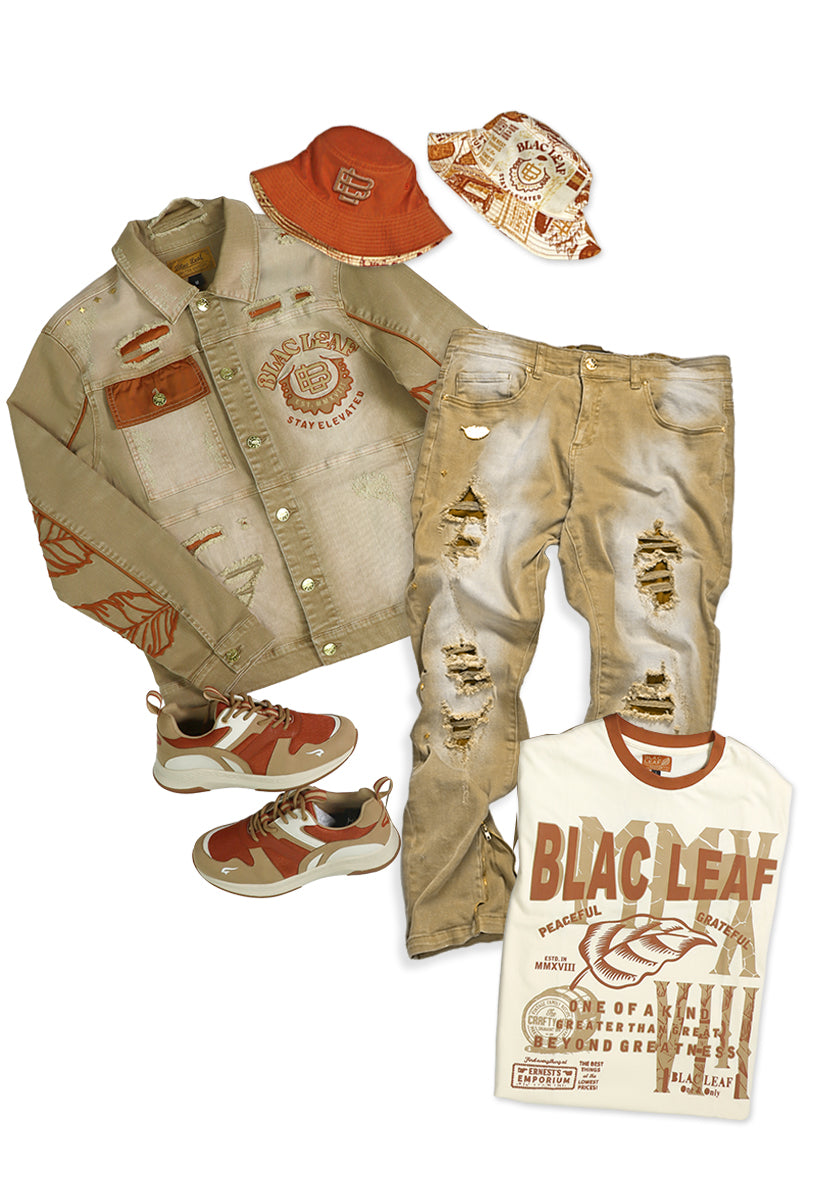 Stay Elevated Denim Jacket, Jeans, One of a Kind T-shirt, Bucket Hat, and G7 Sneakers