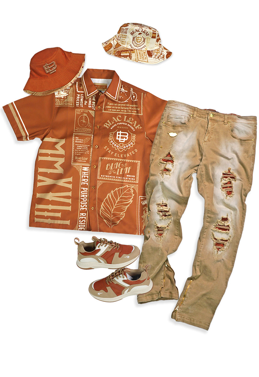 Where Purpose Resides Button Up Shirt, Jeans, Bucket Hat, and G7 Sneakers Bundle